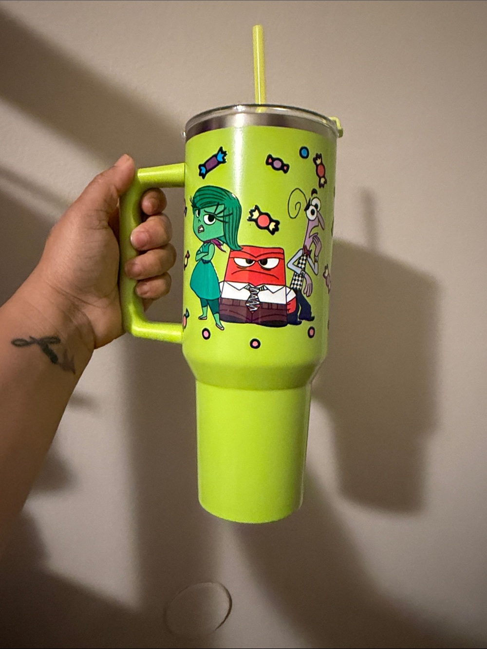 Neon Green Cartoon Stainless Steel Travel Tumbler with Handle and Straw